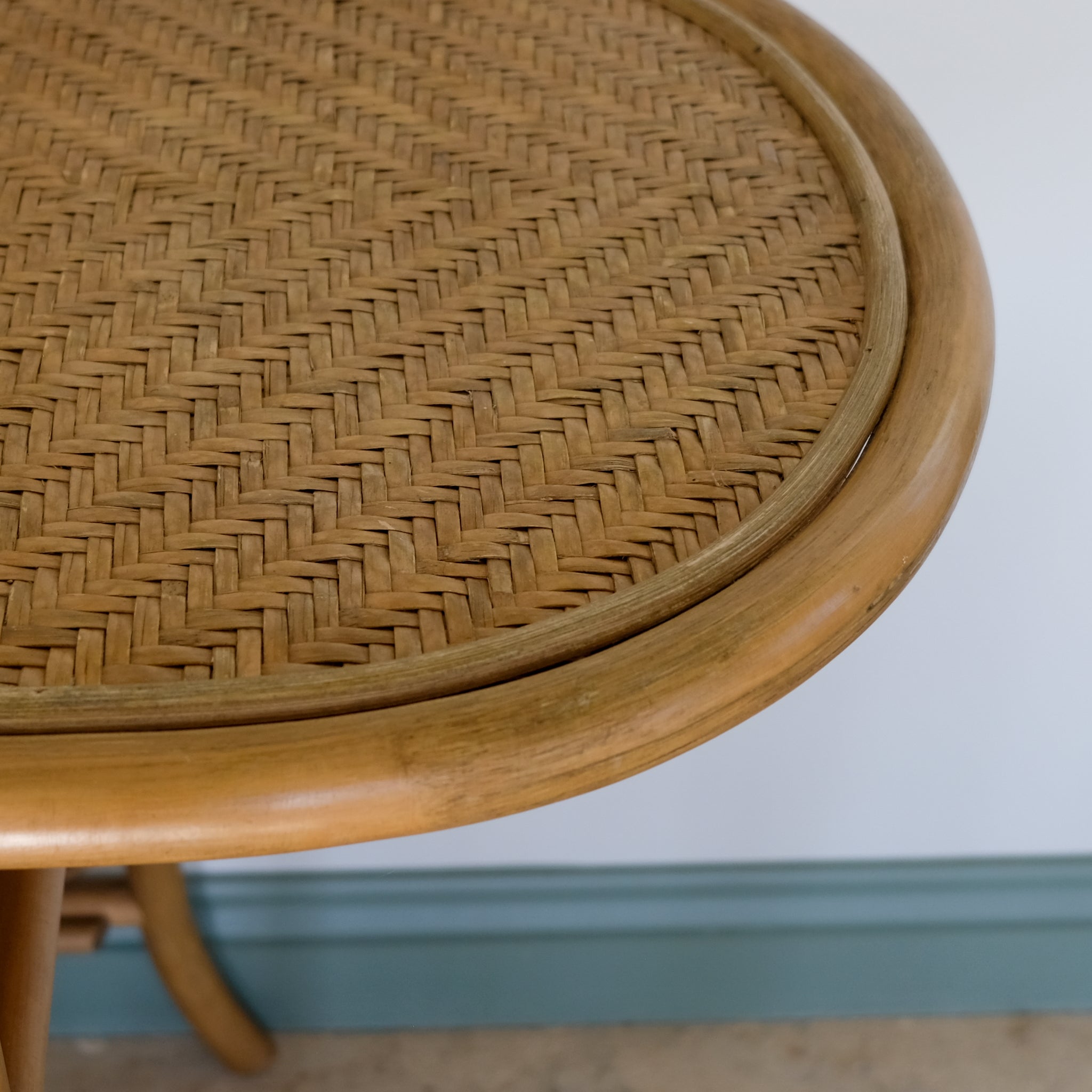 MID CENTURY BAMBOO AND BENT CANE BISTRO CONSOLE TABLE