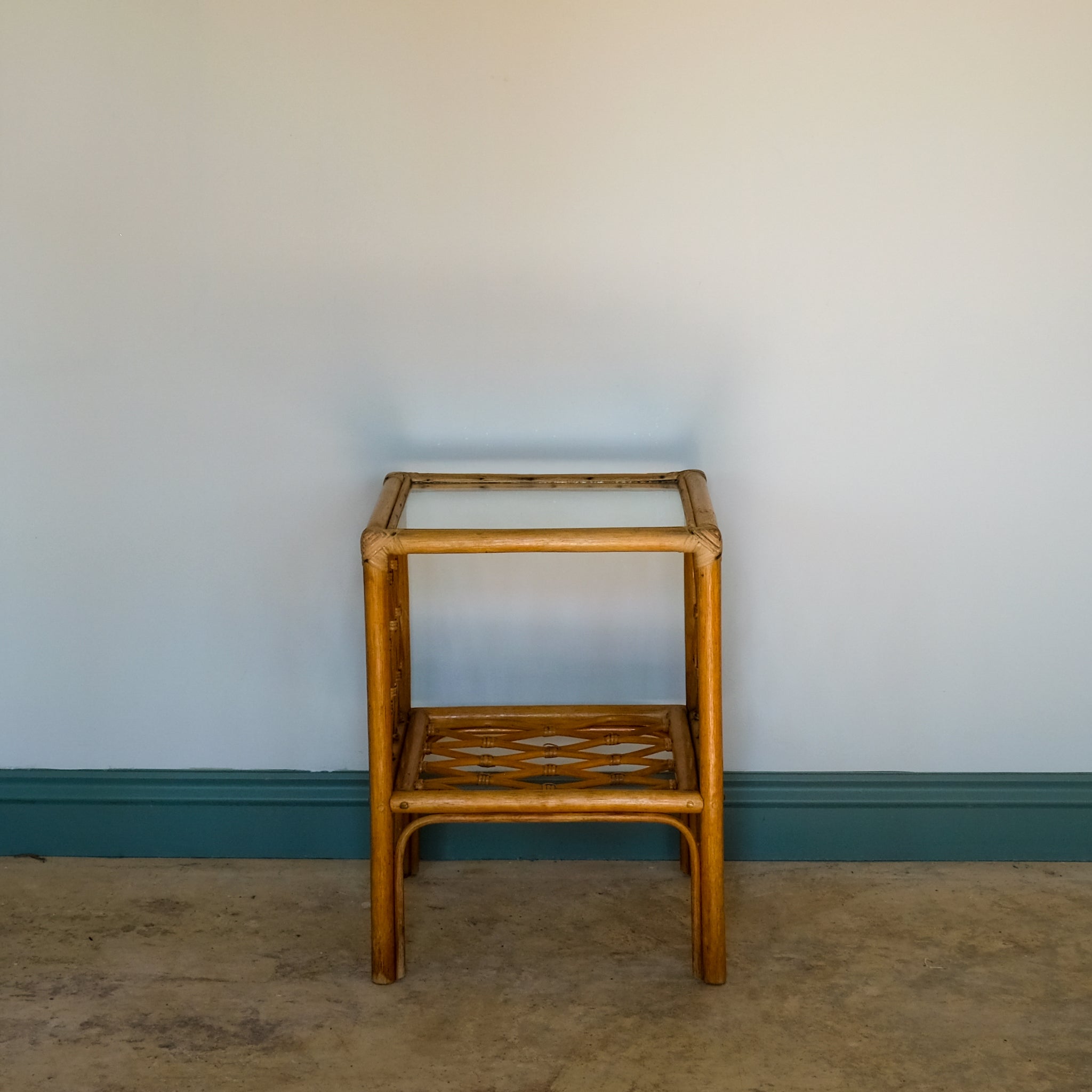 MID CENTURY BAMBOO AND RATTAN SIDE TABLE