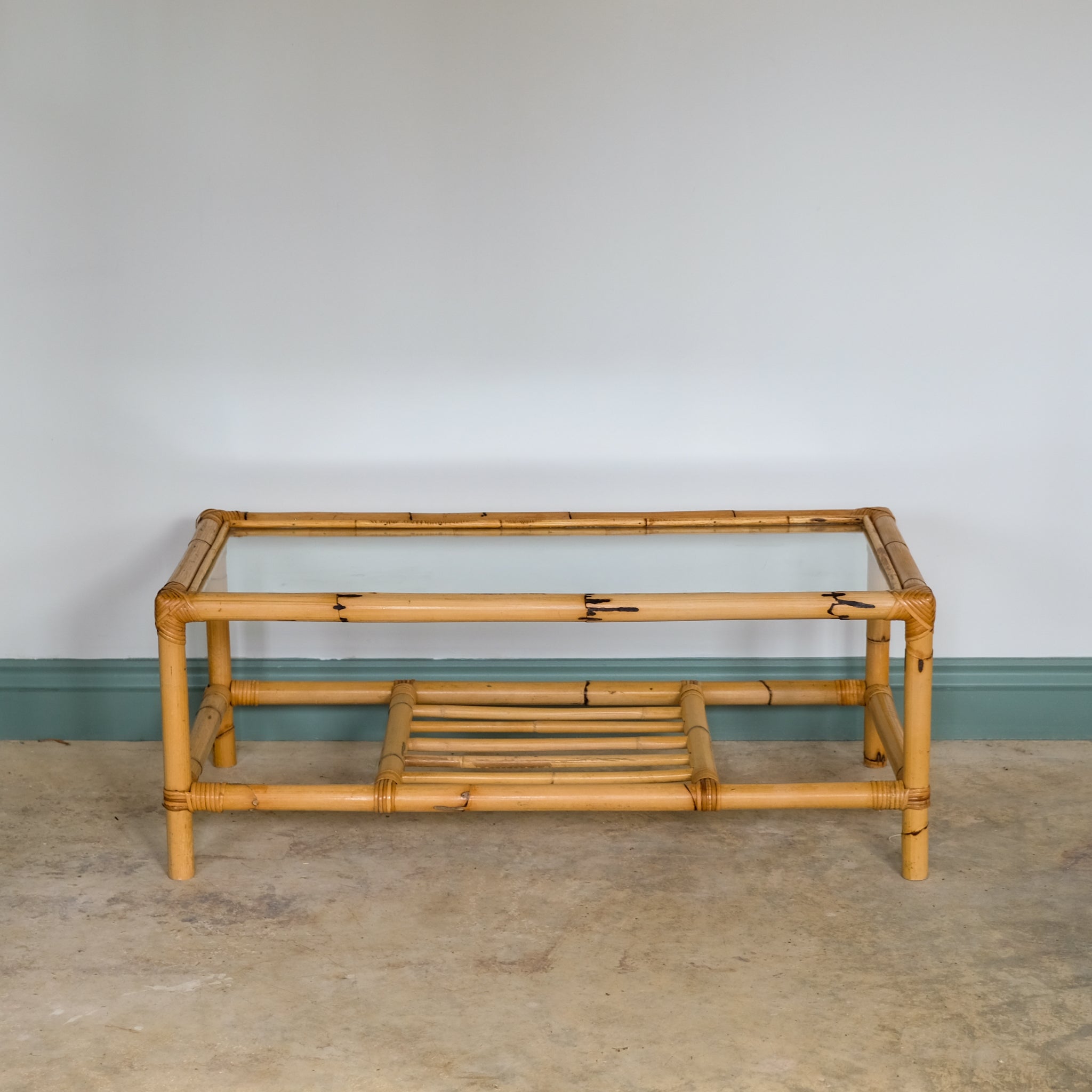 MID CENTURY BAMBOO AND RATTAN LOW COFFEE TABLE