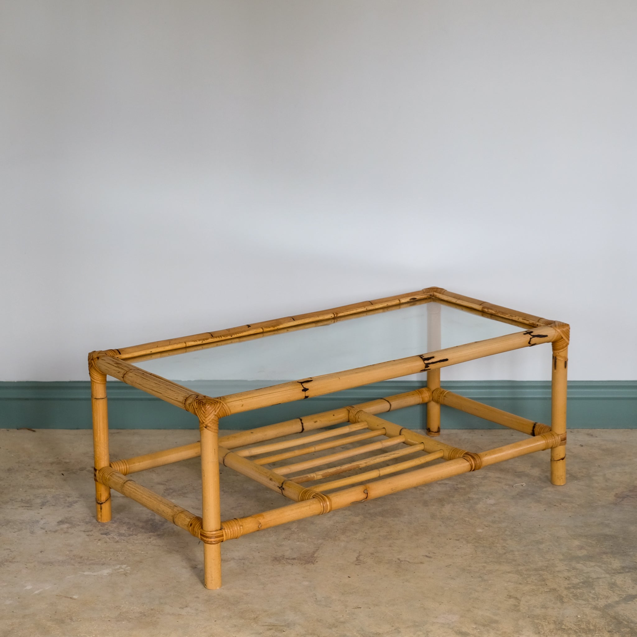 MID CENTURY BAMBOO AND RATTAN LOW COFFEE TABLE