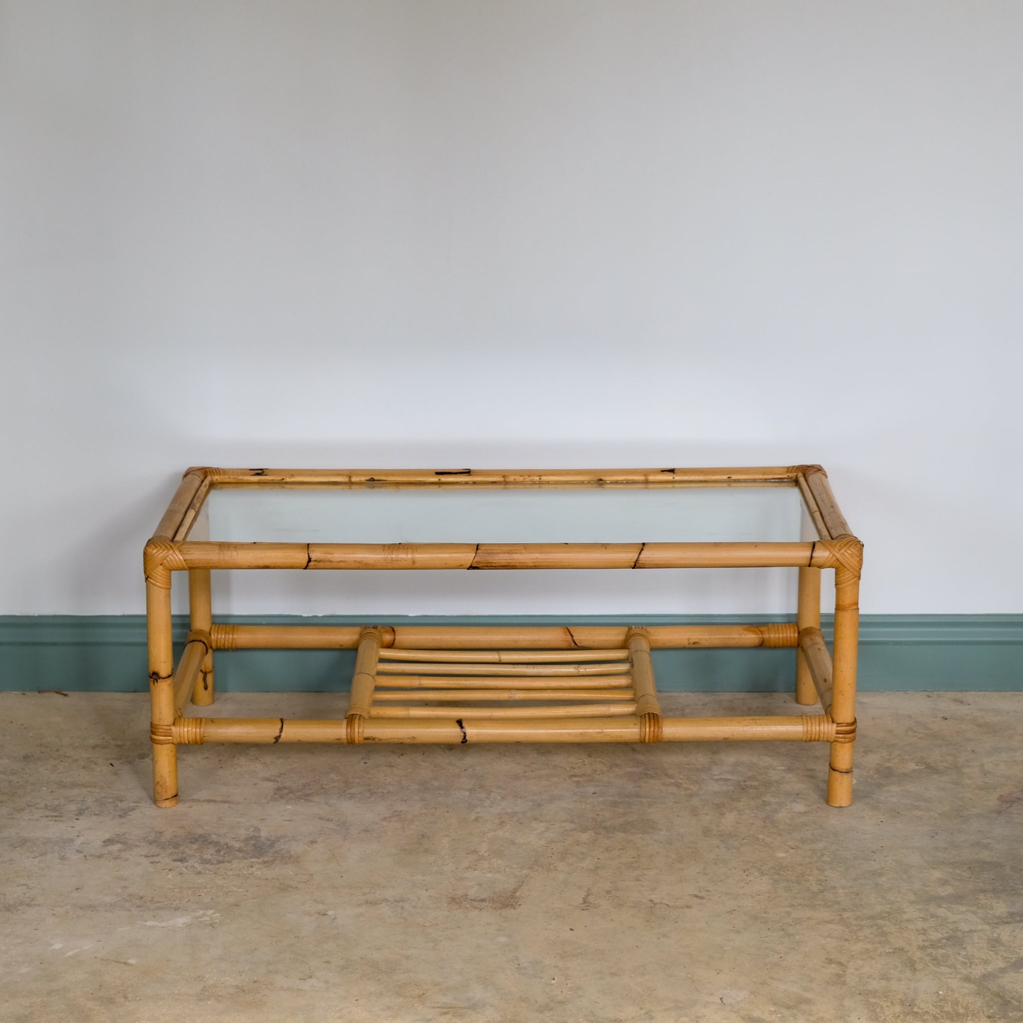 MID CENTURY BAMBOO AND RATTAN LOW COFFEE TABLE