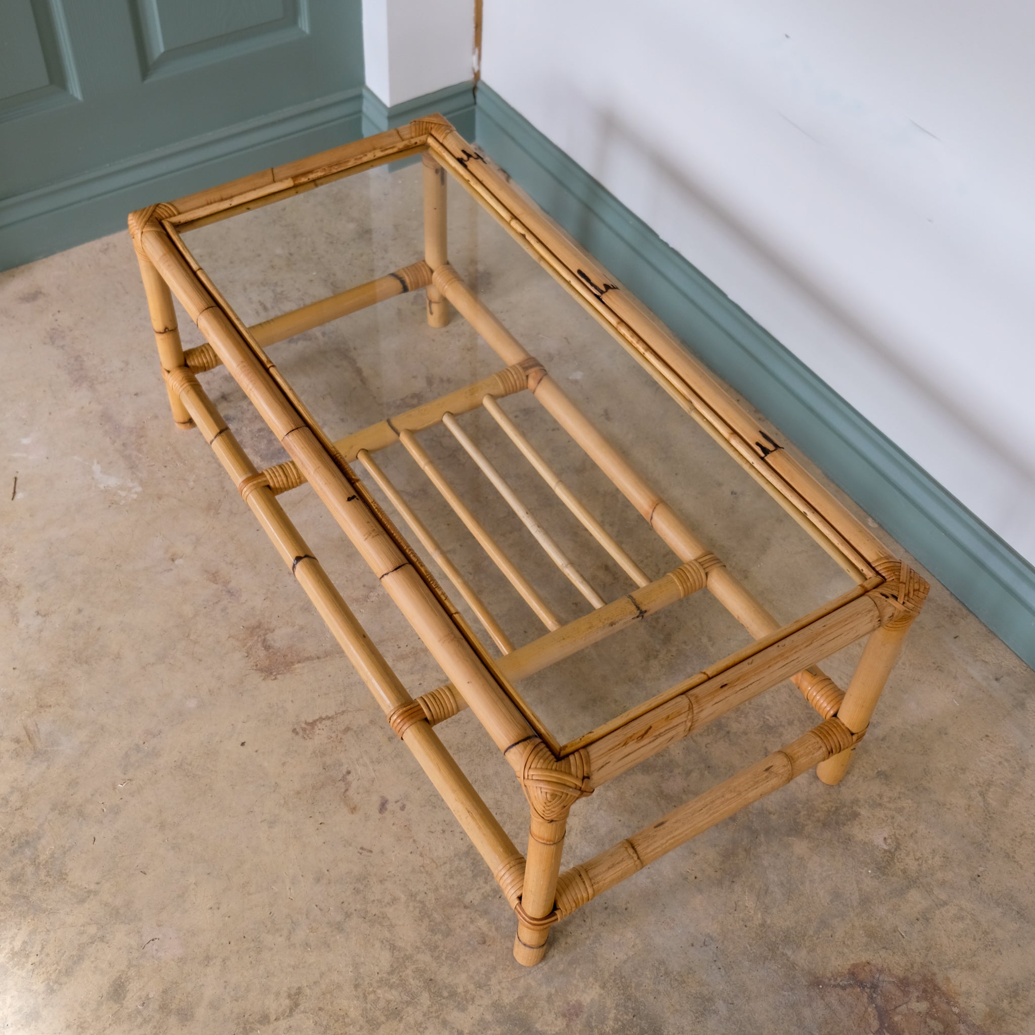 MID CENTURY BAMBOO AND RATTAN LOW COFFEE TABLE