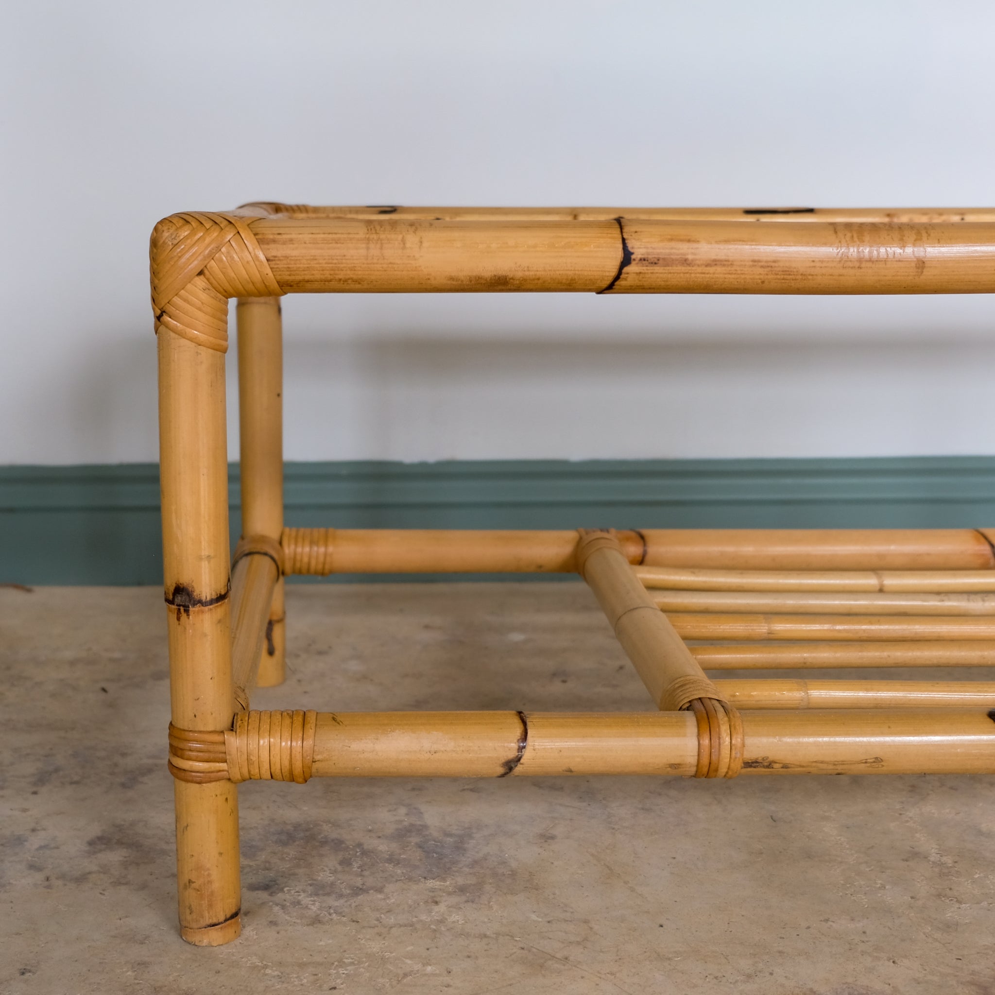 MID CENTURY BAMBOO AND RATTAN LOW COFFEE TABLE