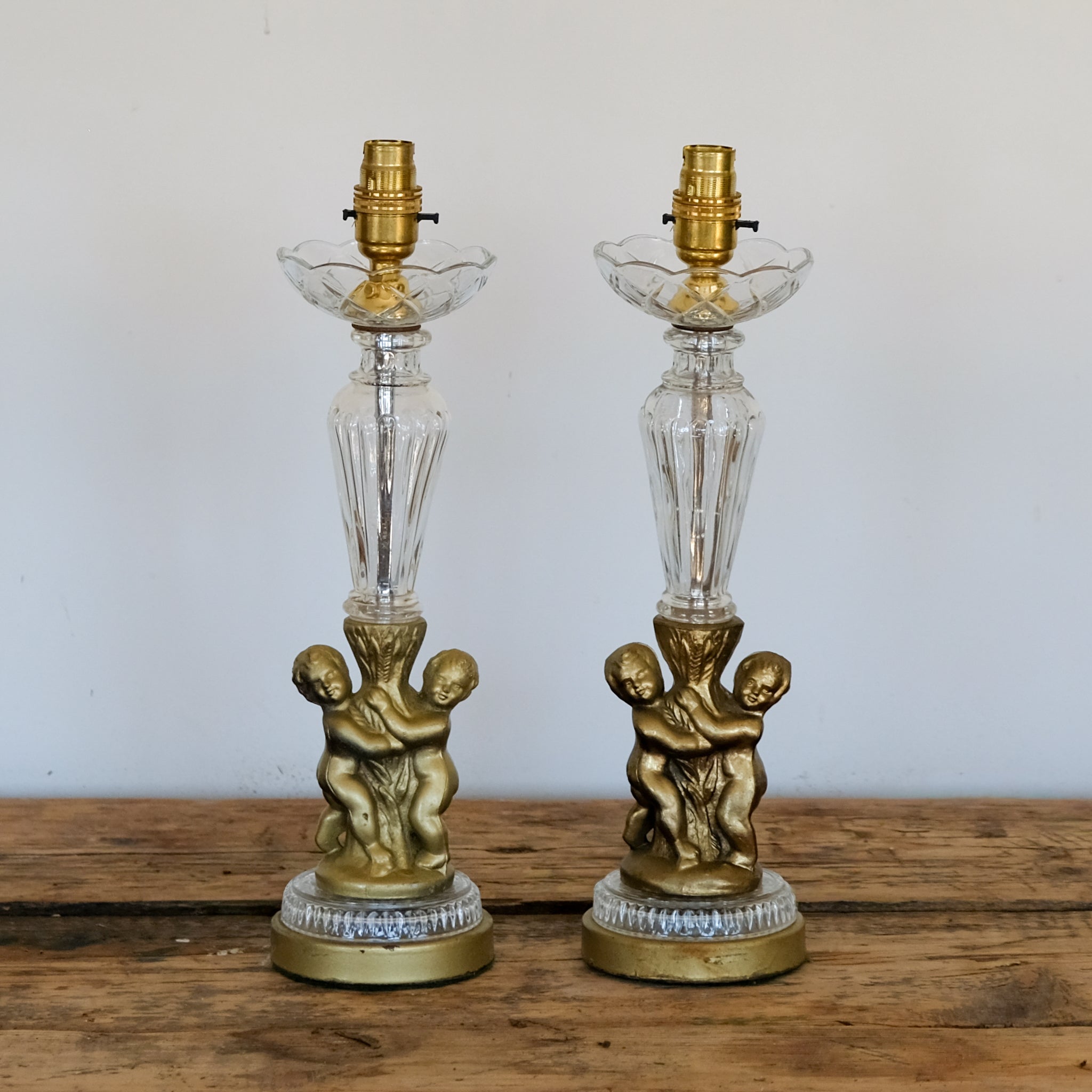 Pair of 1930s Glass and Gilded Cherub Table Lamps