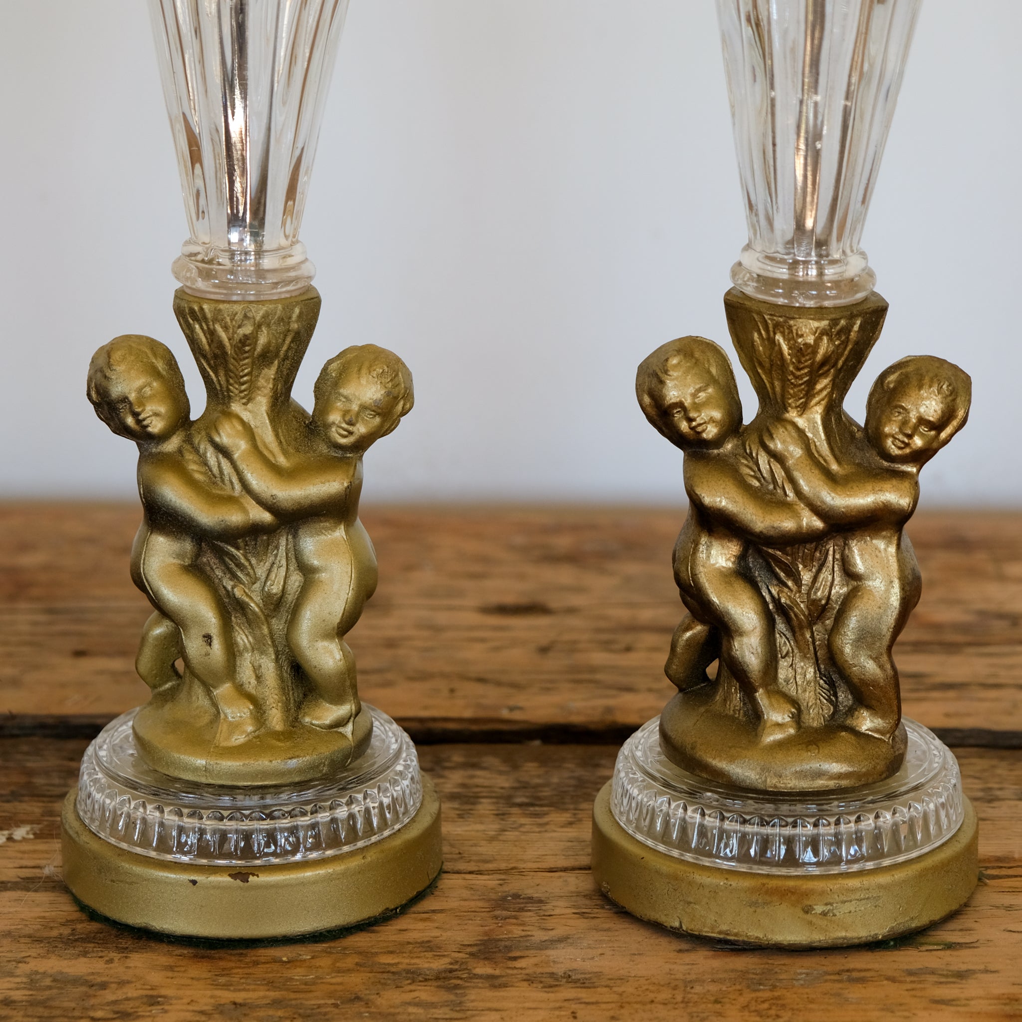 Pair of 1930s Glass and Gilded Cherub Table Lamps