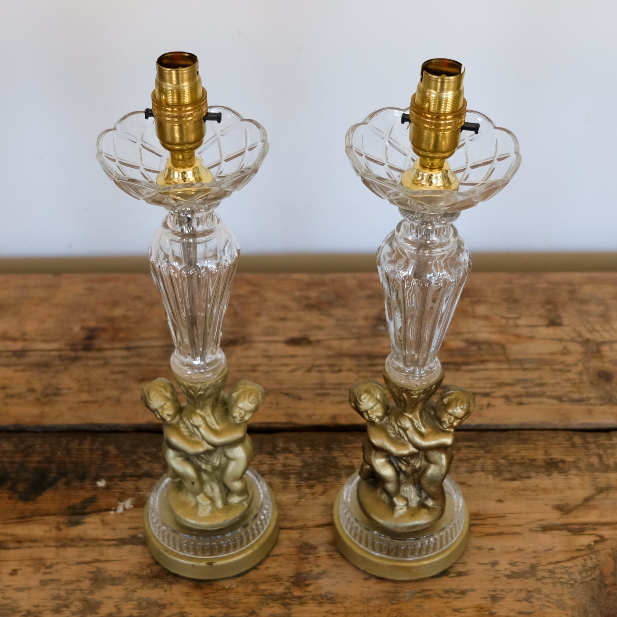 Pair of 1930s Glass and Gilded Cherub Table Lamps