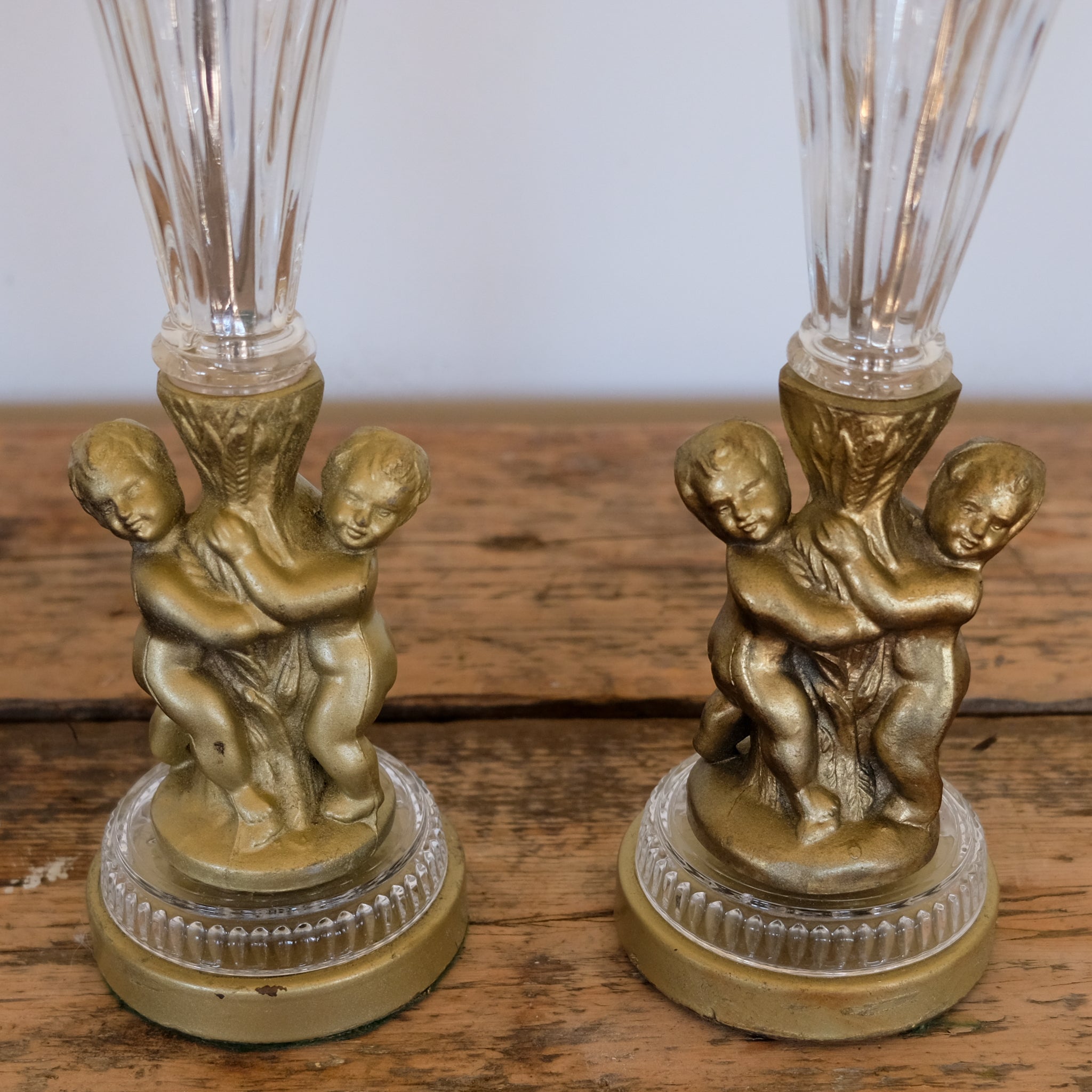 Pair of 1930s Glass and Gilded Cherub Table Lamps