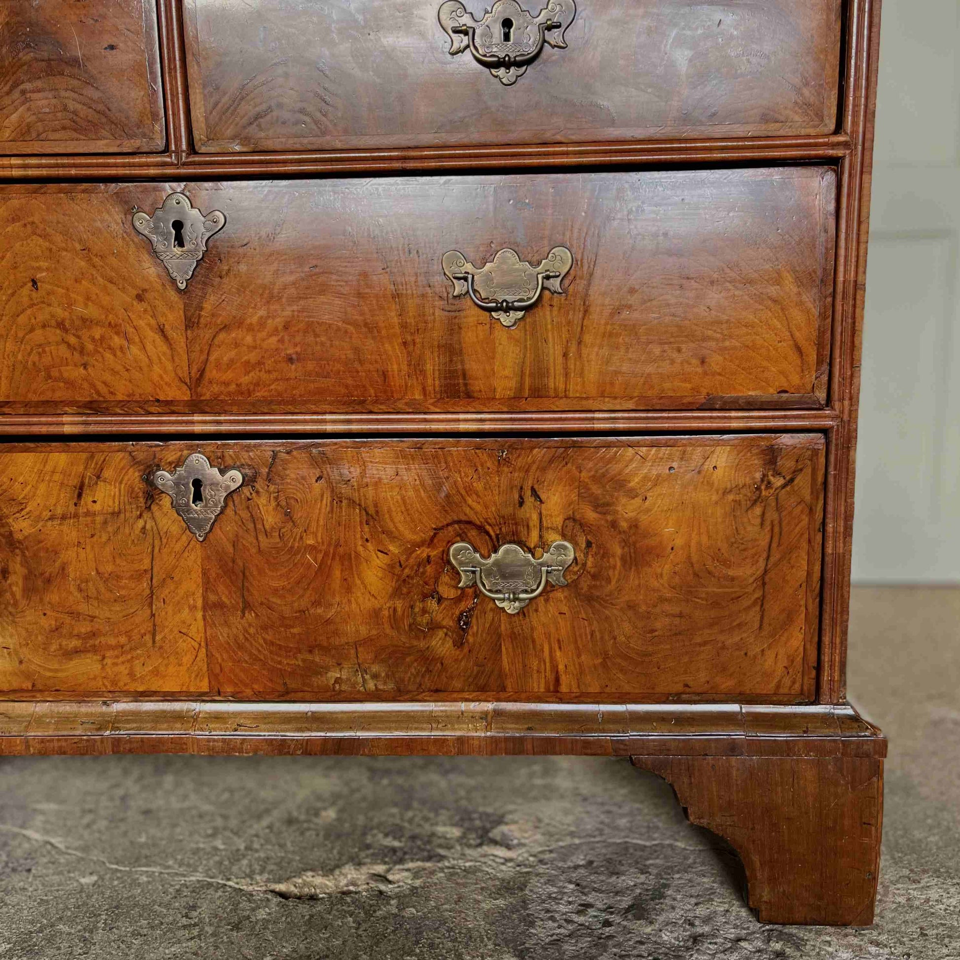 Close up image of drawers on Antique George I Walnut Bureau with Drawers - by Summerfield & Scott