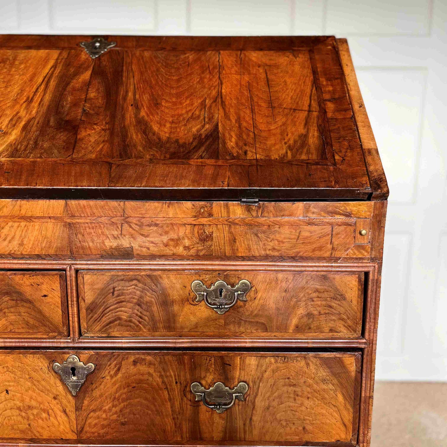 Close up of top of Antique George I Walnut Bureau with Drawers - by Summerfield & Scott
