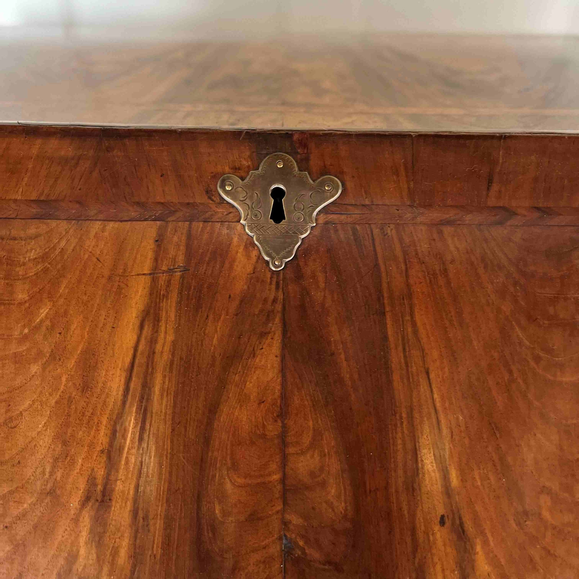 Close up of key lock Antique George I Walnut Bureau with Drawers - by Summerfield & Scott