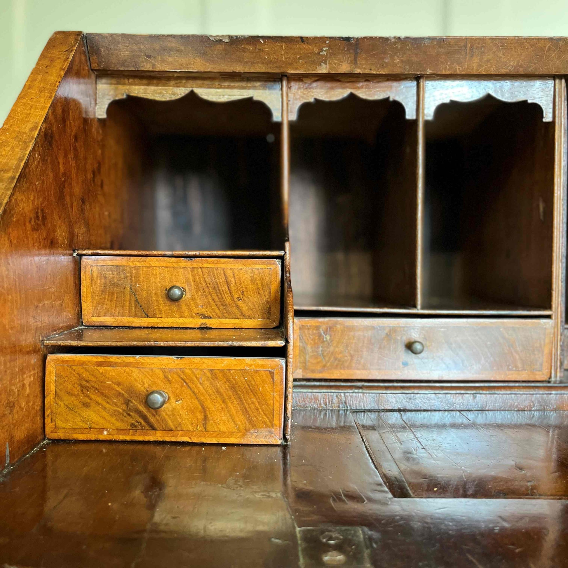 Detail inside Antique George I Walnut Bureau with Drawers - by Summerfield & Scott