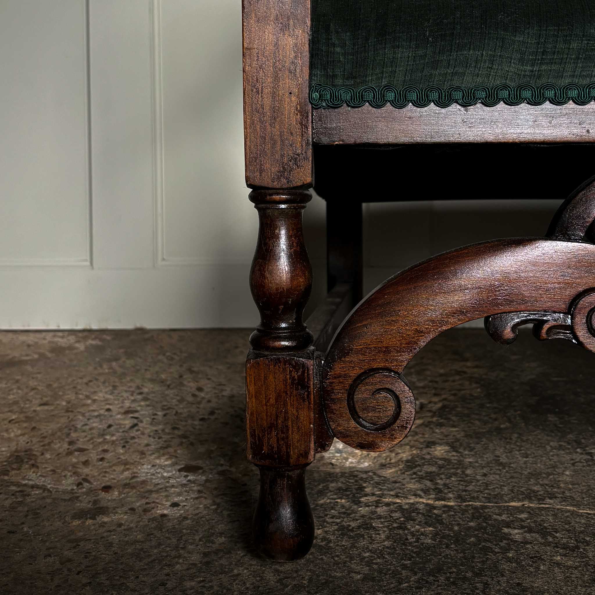 Close up showing detail on legs on 17th Century Caned Backed Settee with Velvet Seat Pad - Summerfield & Scott
