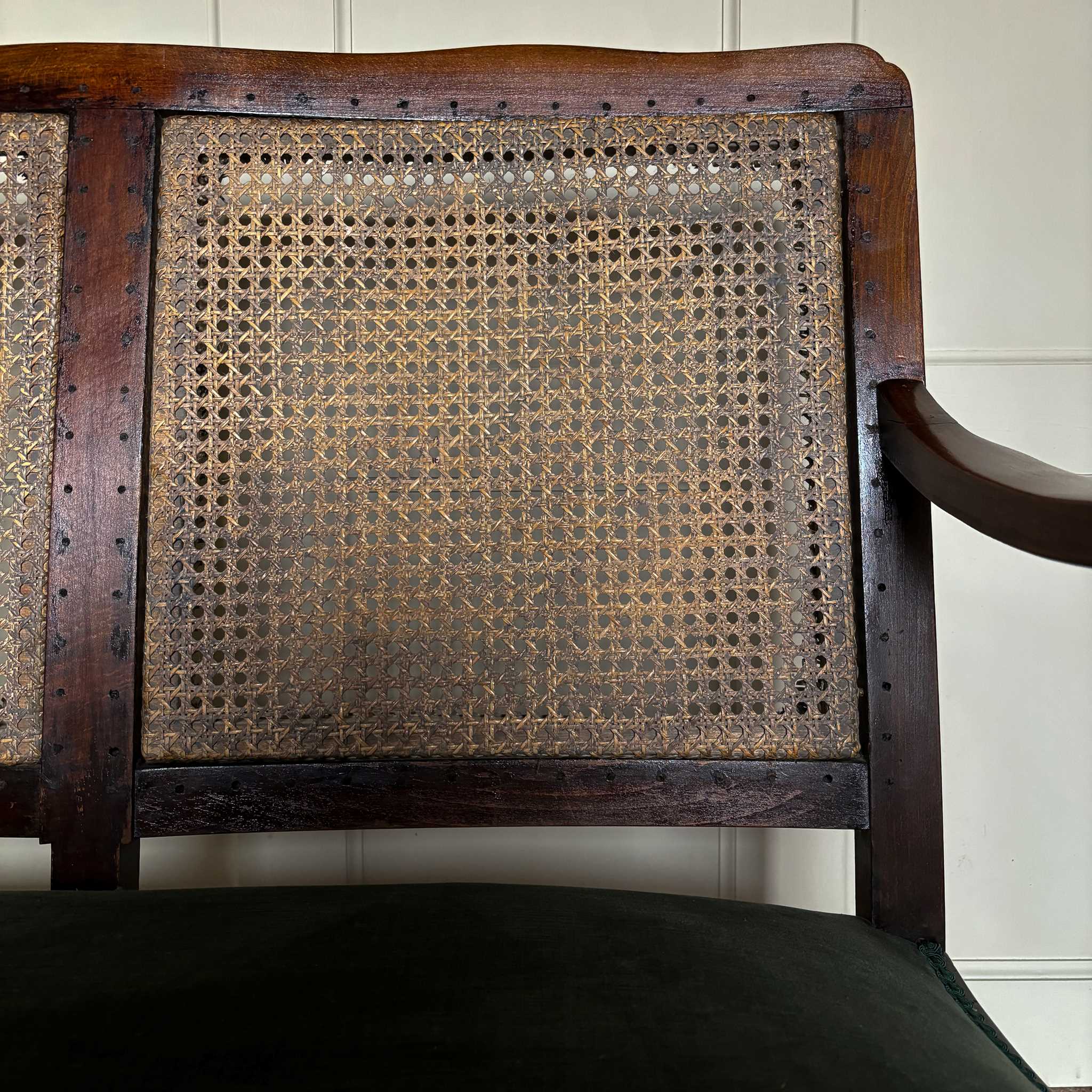 Close up showing detail on cane back of 17th Century Vintage Settee with Velvet Seat Pad - Summerfield & Scott