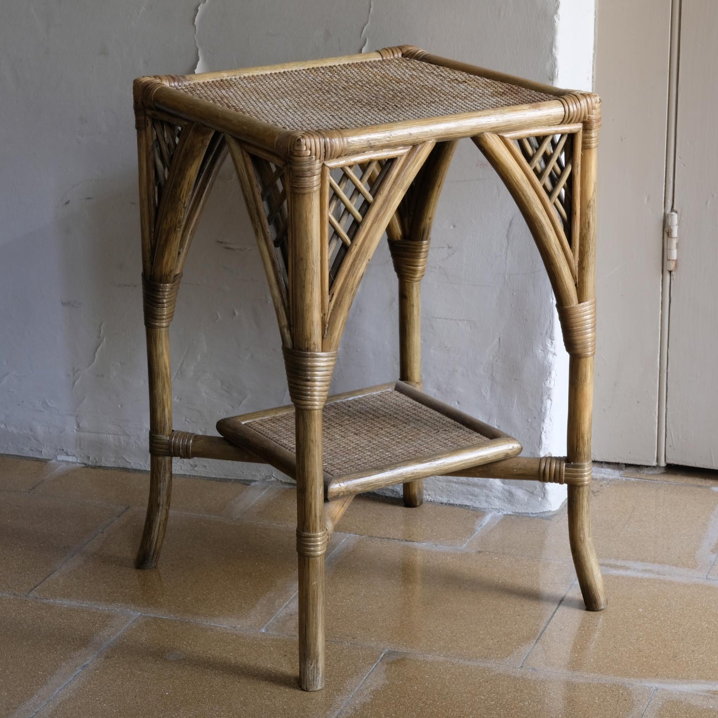 A BAMBOO AND RATTAN SIDE TABLE