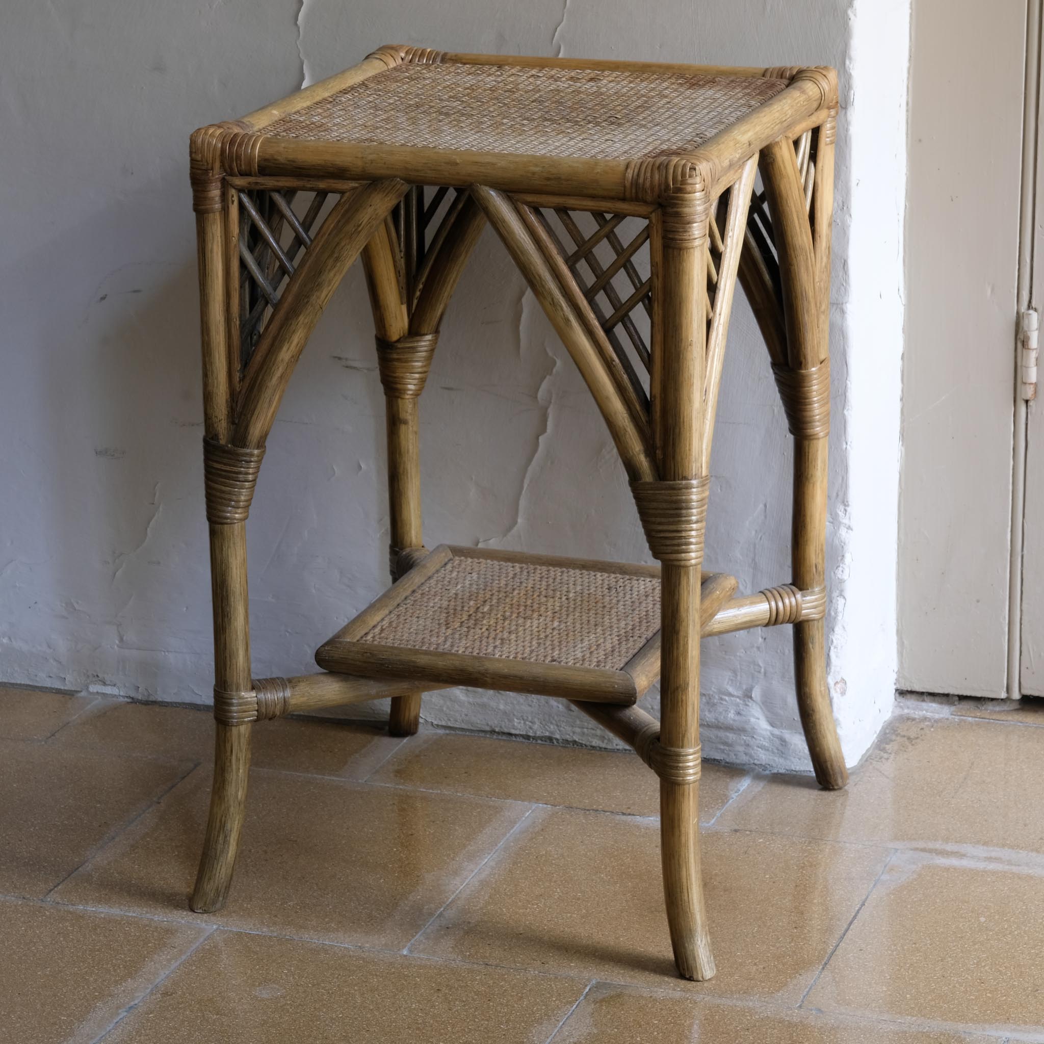 A BAMBOO AND RATTAN SIDE TABLE