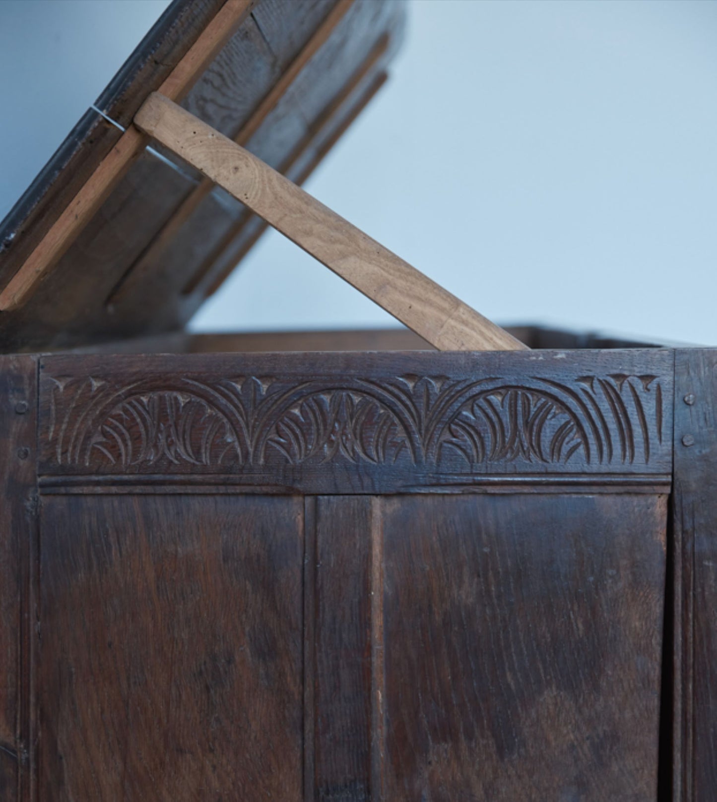 Detailing on side panel of 17th Century Coffer
