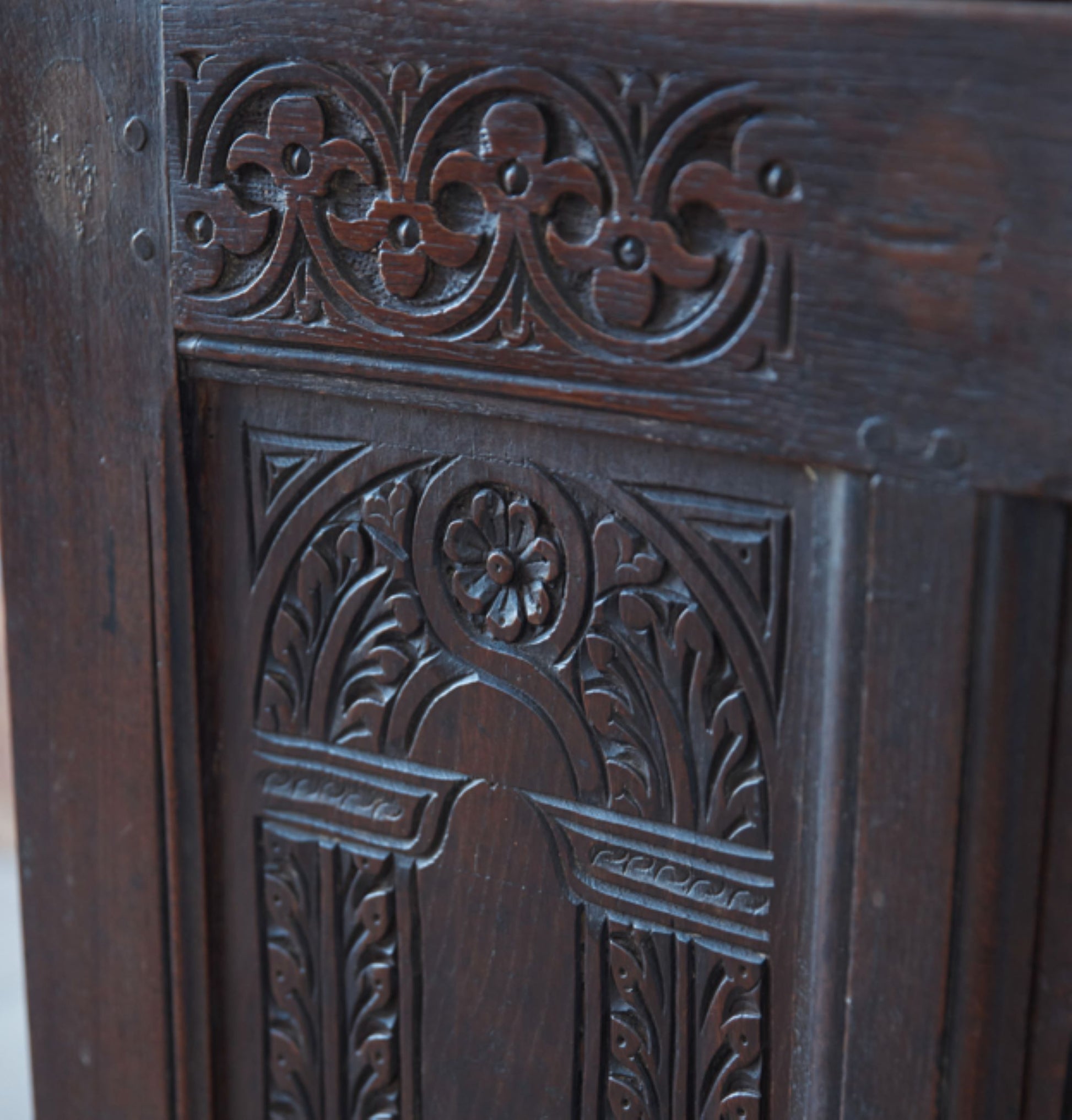Detailing on side panel of 17th Century Coffer