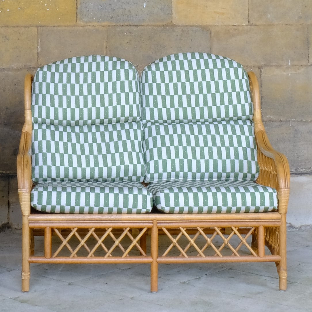 Close up image showing 1970's Vintage Cane Bamboo Sofa with Upholstered Seat pad - Summerfield & Scott