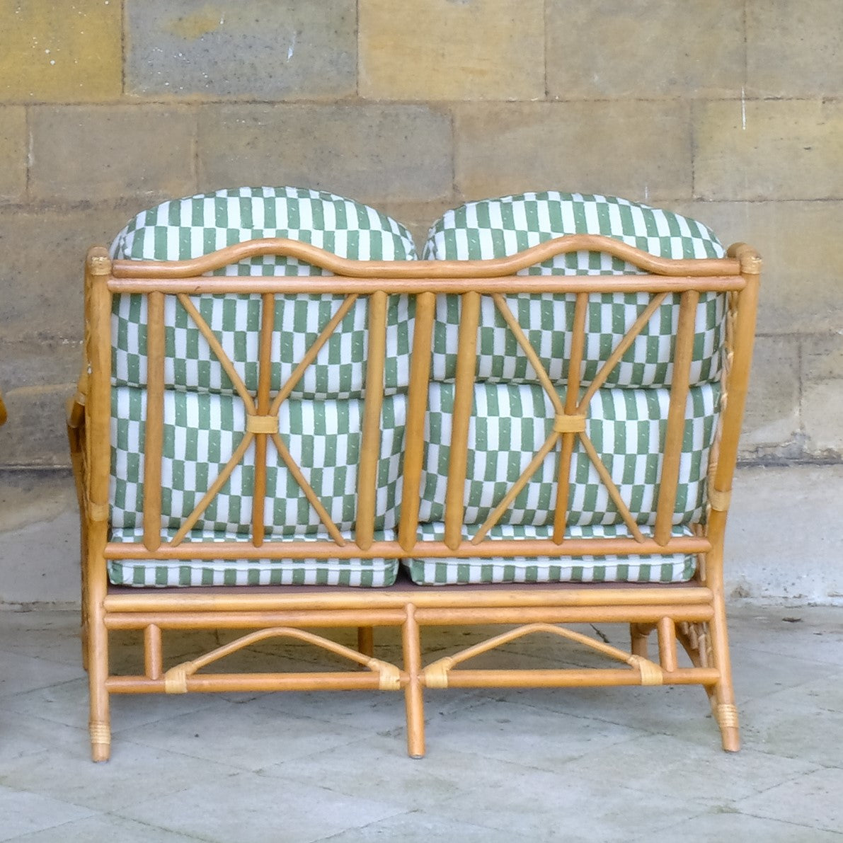 Rear view of 1970's Vintage Cane Bamboo Sofa with Upholstered Seat pad - Summerfield & Scott