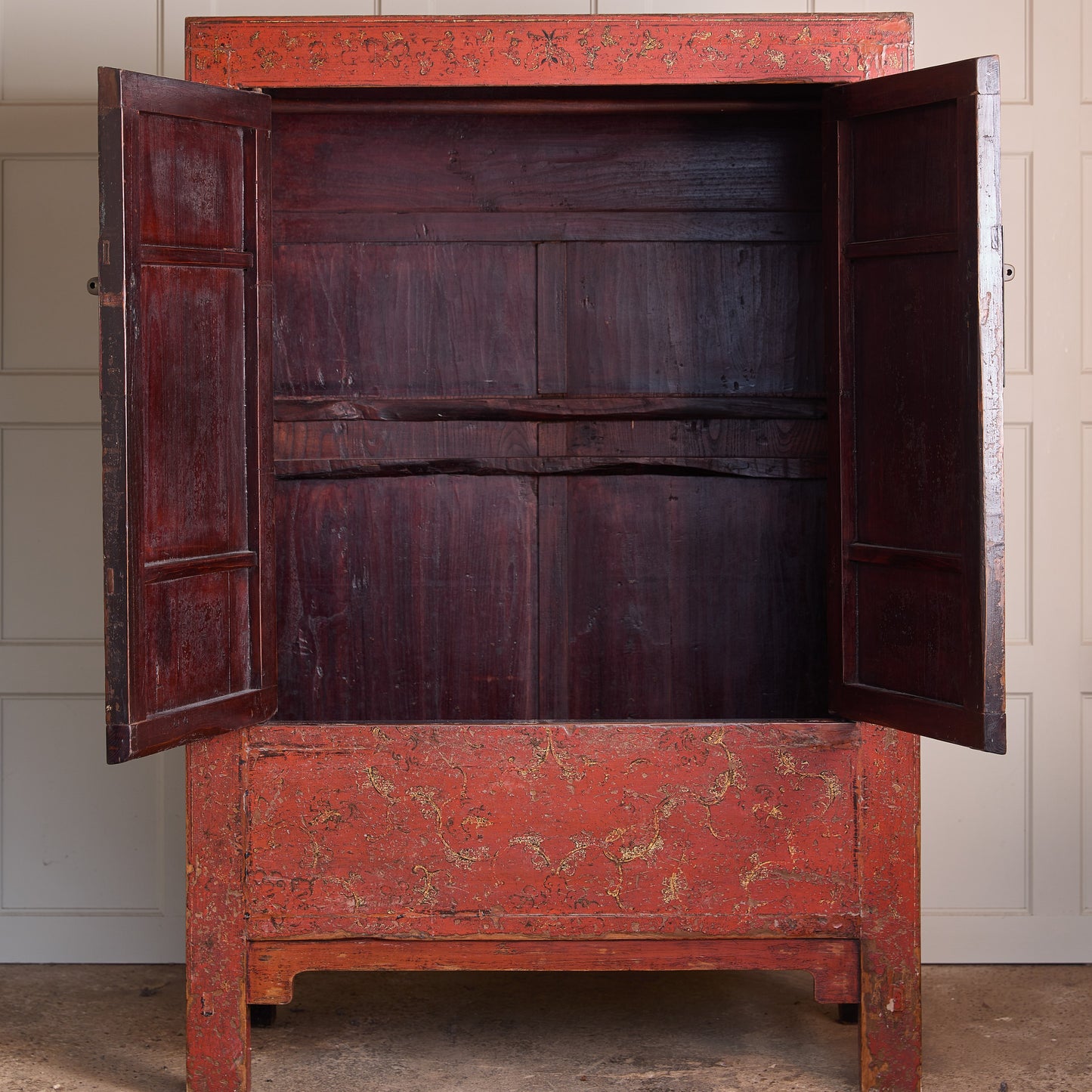 Chinese red lacquered marriage cabinet