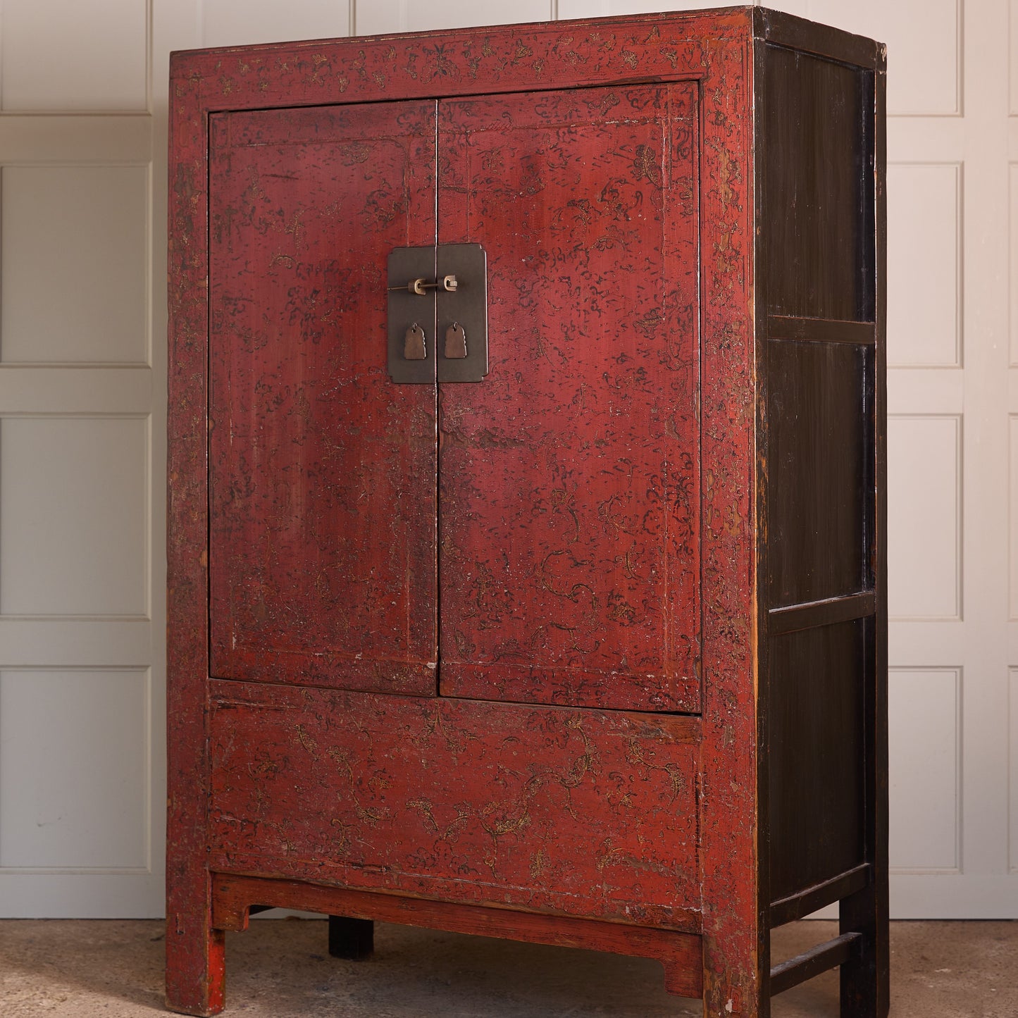 Chinese red lacquered marriage cabinet